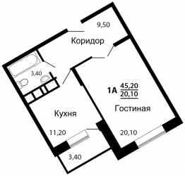 Однокомнатная квартира 45.2 м²