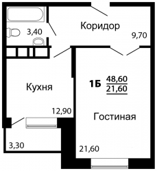 Однокомнатная квартира 48.6 м²